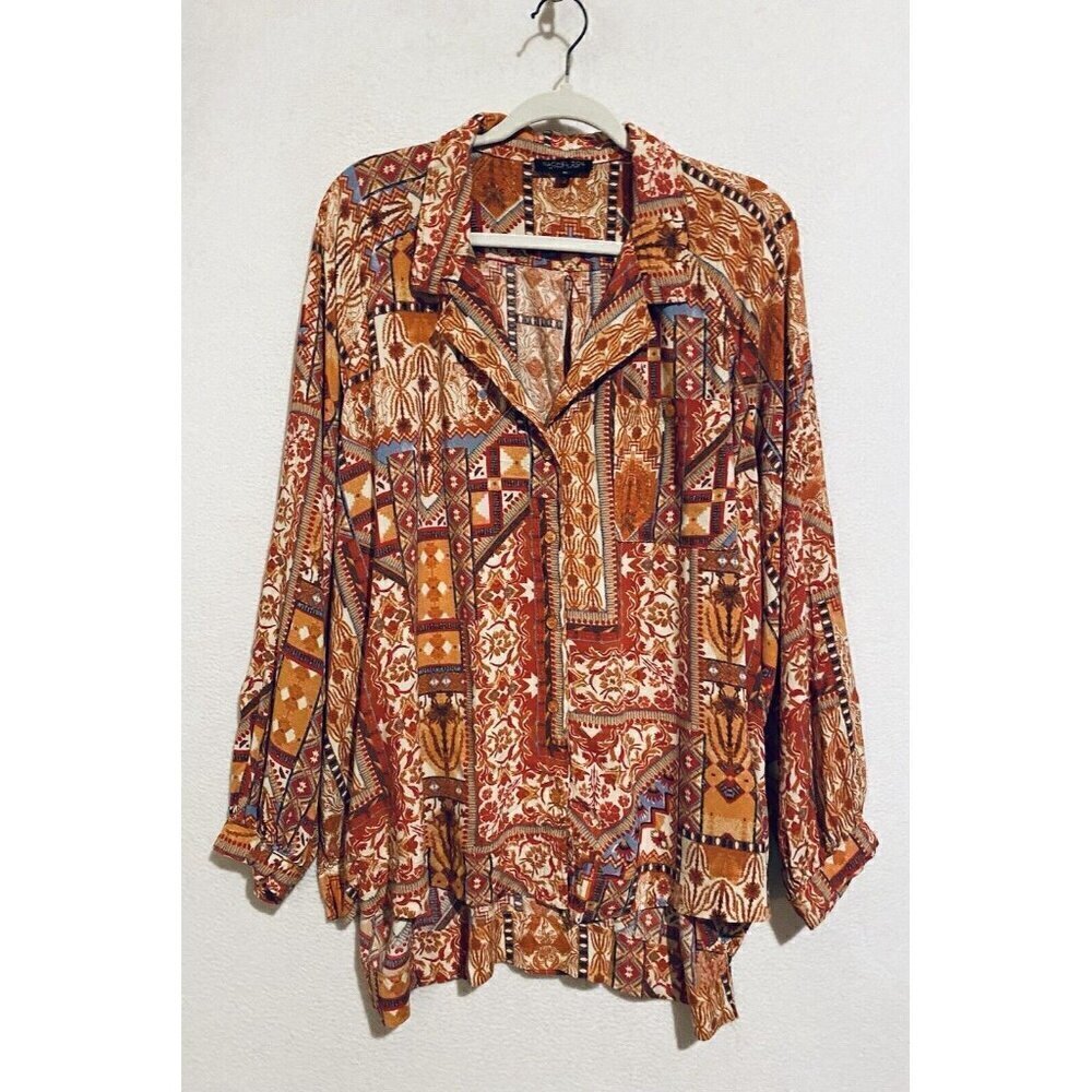 Rachel Zoe Top Womens XL Red Southwestern Aztec Tribal Button Up Long Sleeve